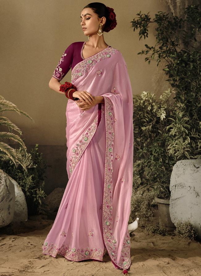 Pure Fancy Fabric Baby Pink Wedding Wear Heavy Embroidery Work Saree